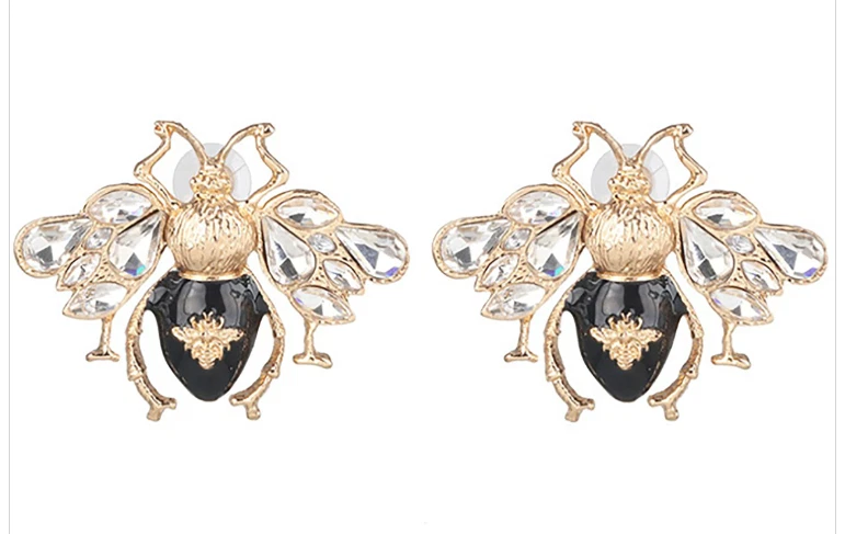 Шикарные серьги с золотой пчелой с черной эмалью и кристаллами - Изображение 3 из 4