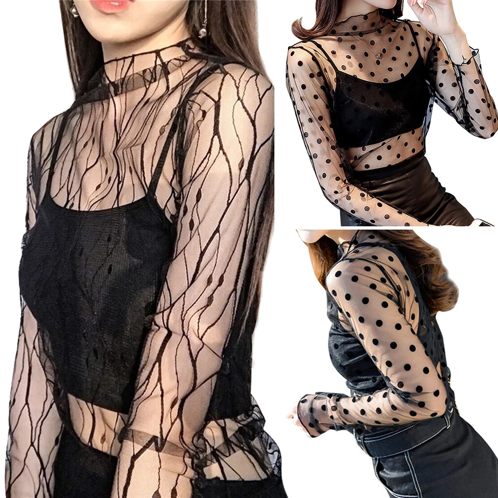 2022 Sexy Women Blouses See Through Transparent Mesh Stand Neck