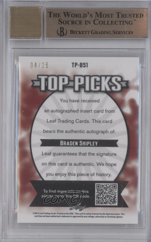 2013 Leaf Metal Draft Top Picks Purple Prismatic /25 Braden Shipley BGS 10 Auto - Image 2 of 2