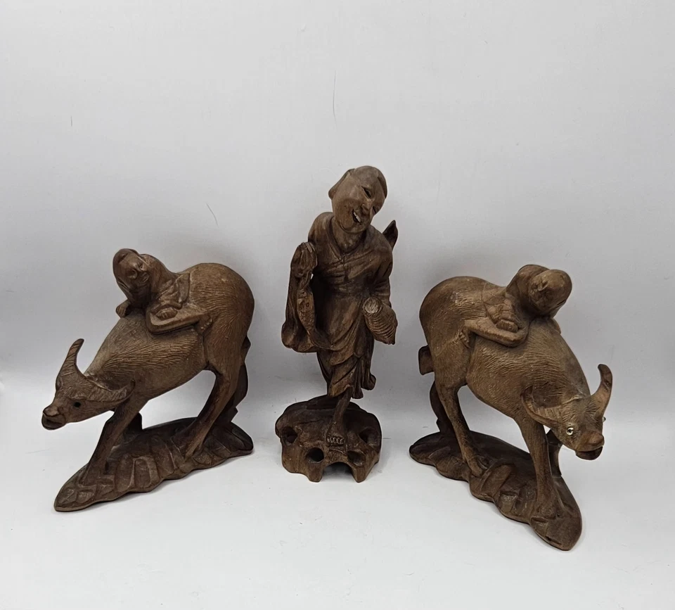(3) Chinese Wood Hand Carved Figures Two Riding Water Buffalos Antique  - Image 2 of 4