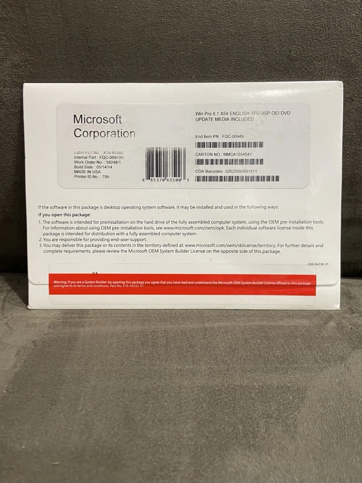 MICROSOFT WINDOWS 8.1 PRO OEM DVD SOFTWARE -UPDATE MEDIA INCLUDED - NEW! SEALED! - Image 2 of 4