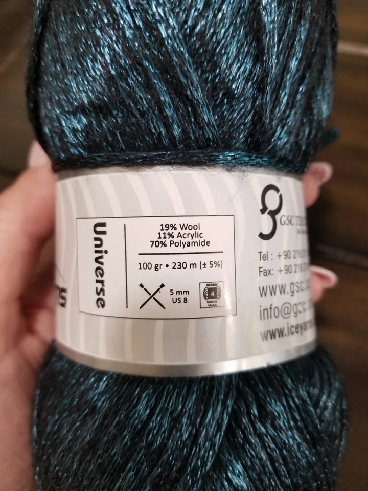 1 madeja de hilos de hielo Universe #64582 turquesa oscura brillo metálico 100 g/230 m Foto 4 de 4