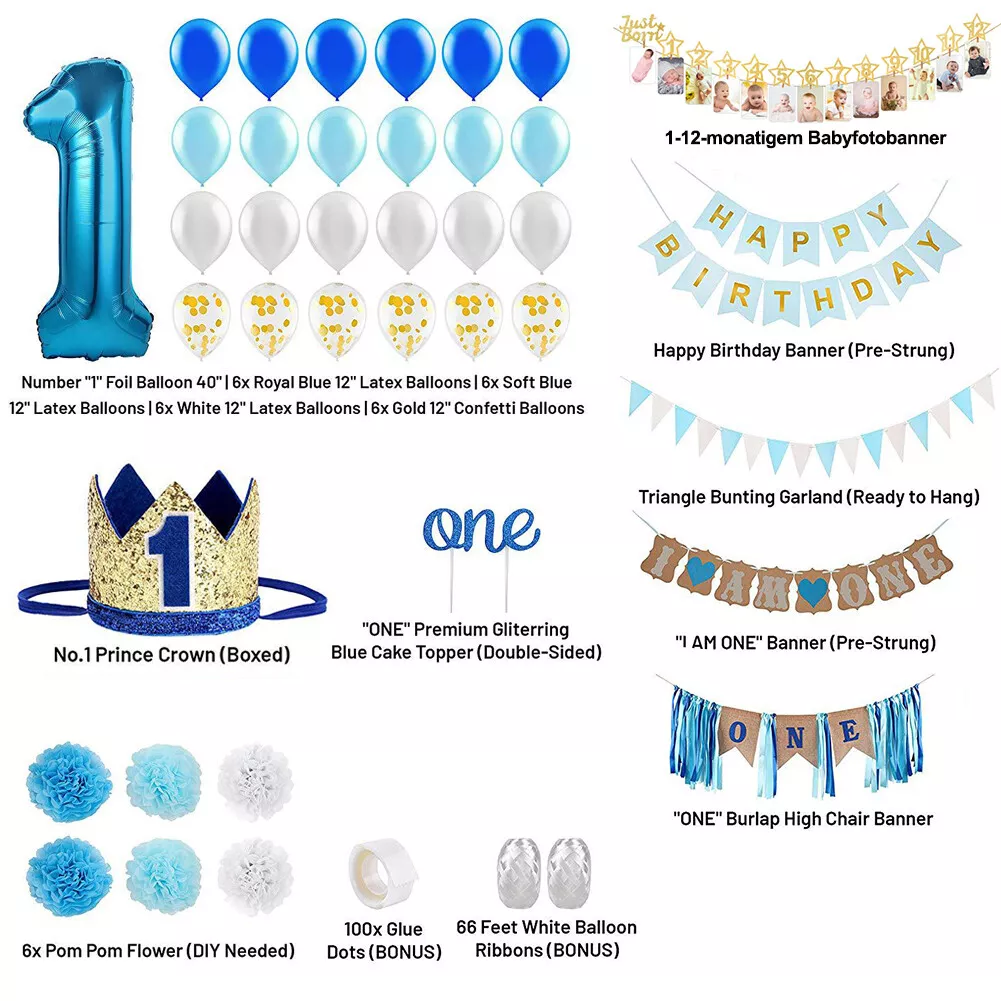 21pcs Blue Balloons 1st Birthday Party Decorations, 1 Year Old Baby Boy First  Birthday Decor