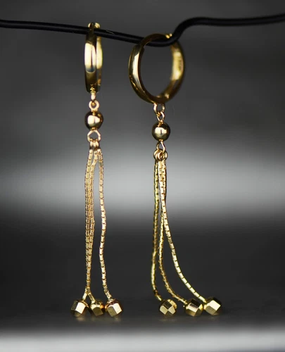 14k Yellow / White Gold Dangle Ball Chain Huggie Earrings - Picture 1 of 1