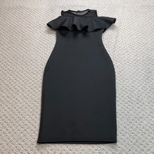 Boohoo Shift Dress Womens 8 Black Ruffle Top Rayon Solid Sheath Sheer Shoulder