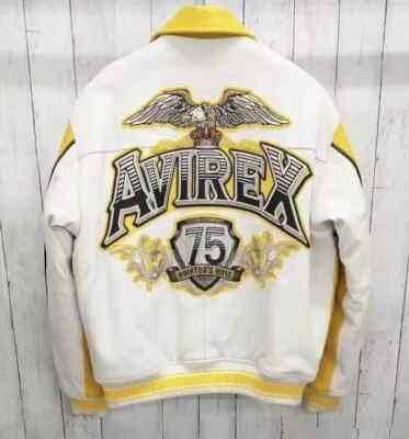 Men s Avirex Yellow Cowhide Leather Jacket Aviator s 75 Kings Bomber Jacket