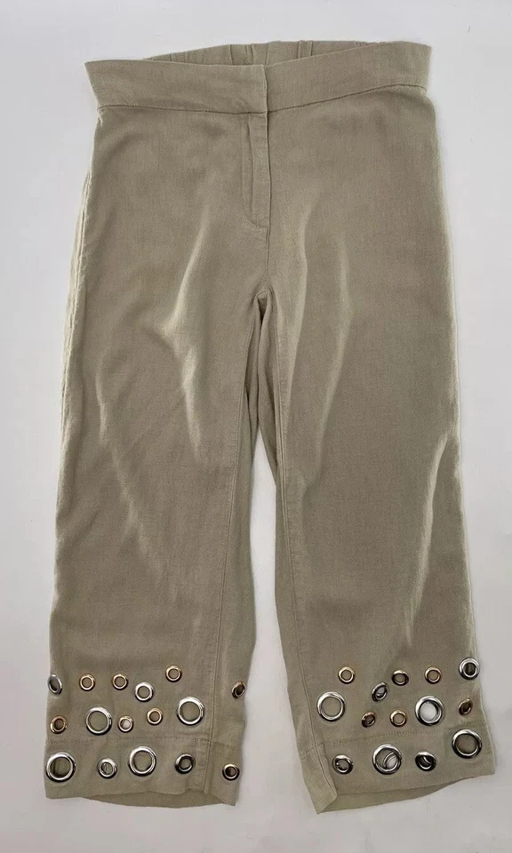 Pantalones Soft Surroundings Farrah Pierna Ancha Mezcla de Lino Detalles de Ojal Talla PXS, Boho Foto 3 de 4