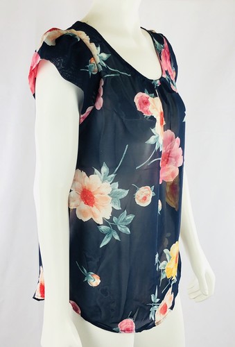 Ups & Downs Damen Top Gr. S / M transparent Blumenmuster Flügelärmel Schlüsselloch hinten - Bild 5 von 12