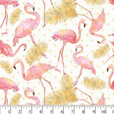 Animal Fabric - Pink Flamingo Paradise Toss White Yellow - David Textiles YARD