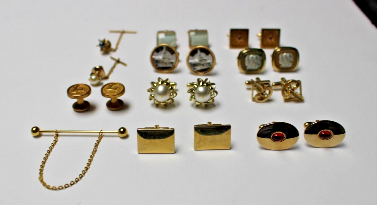 Vintage Men Jewelry Classic Cuff Links (9 pr), Tie Tacks(2) & Collar