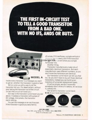1971 Jud Williams Model A Transistor Curve Tester Vintage Ad 