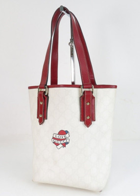 Echte Gucci Mini-Einkaufstasche Handtasche weiß GG PVC Canvas und rotes Leder...