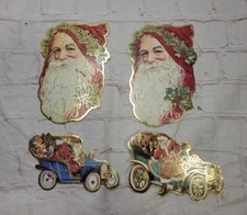 Vtg. Lot Of 4 Santa Claus Face And Car Cardboard Die Cut Christmas Ornaments