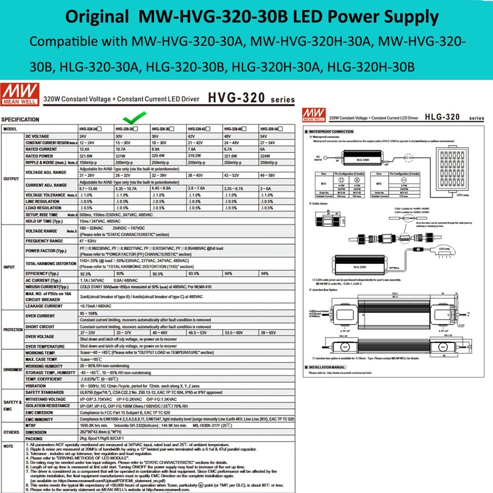 Mean Well HVG 320W 54V 6A LED Driver HVG-320-54A AC-DC Constant Current