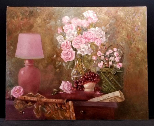Orig Öl auf Leinwand Stillleben Gemälde weiße & rosa Rosen von Raye Gamrath 30x24