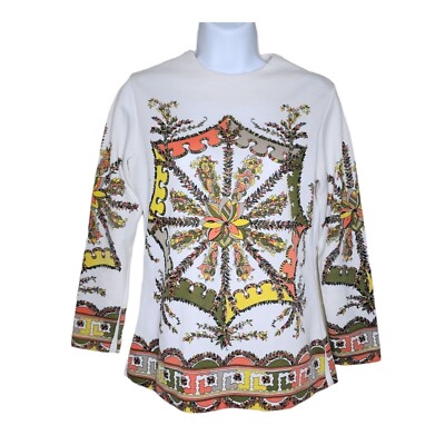 Vintage 70s Tunic Top Shirt Womens Size S White Orange Psychedelic Hippie Groovy