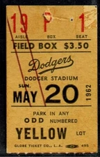 1962 BASEBALL TICKET DODGERS ST. LOUIS CARDINALS RED SCHOENDIENST/KEN BOYER HIT