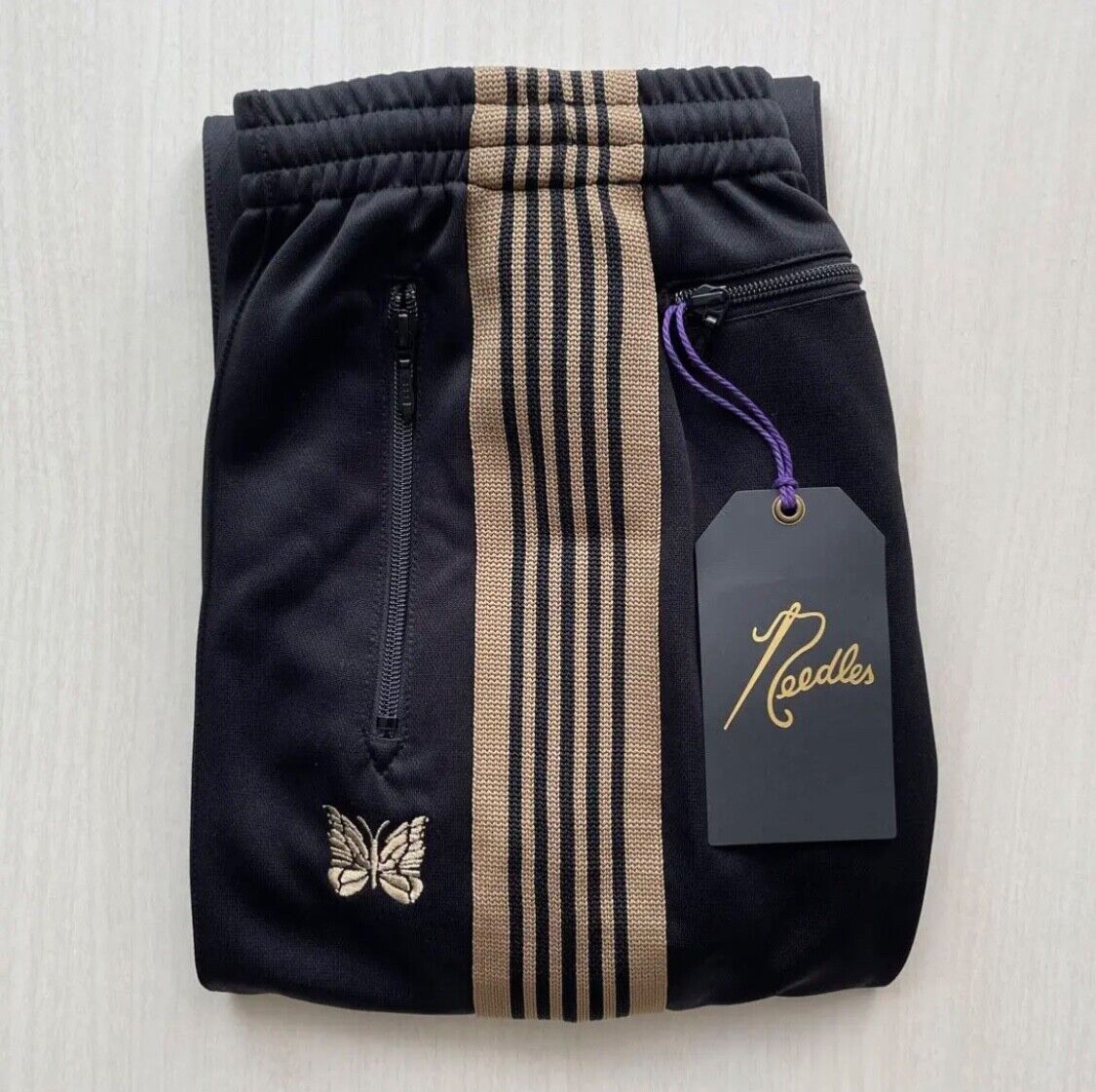 NEEDLES Track Pants Tapered Black Beige Size-XS from Japan