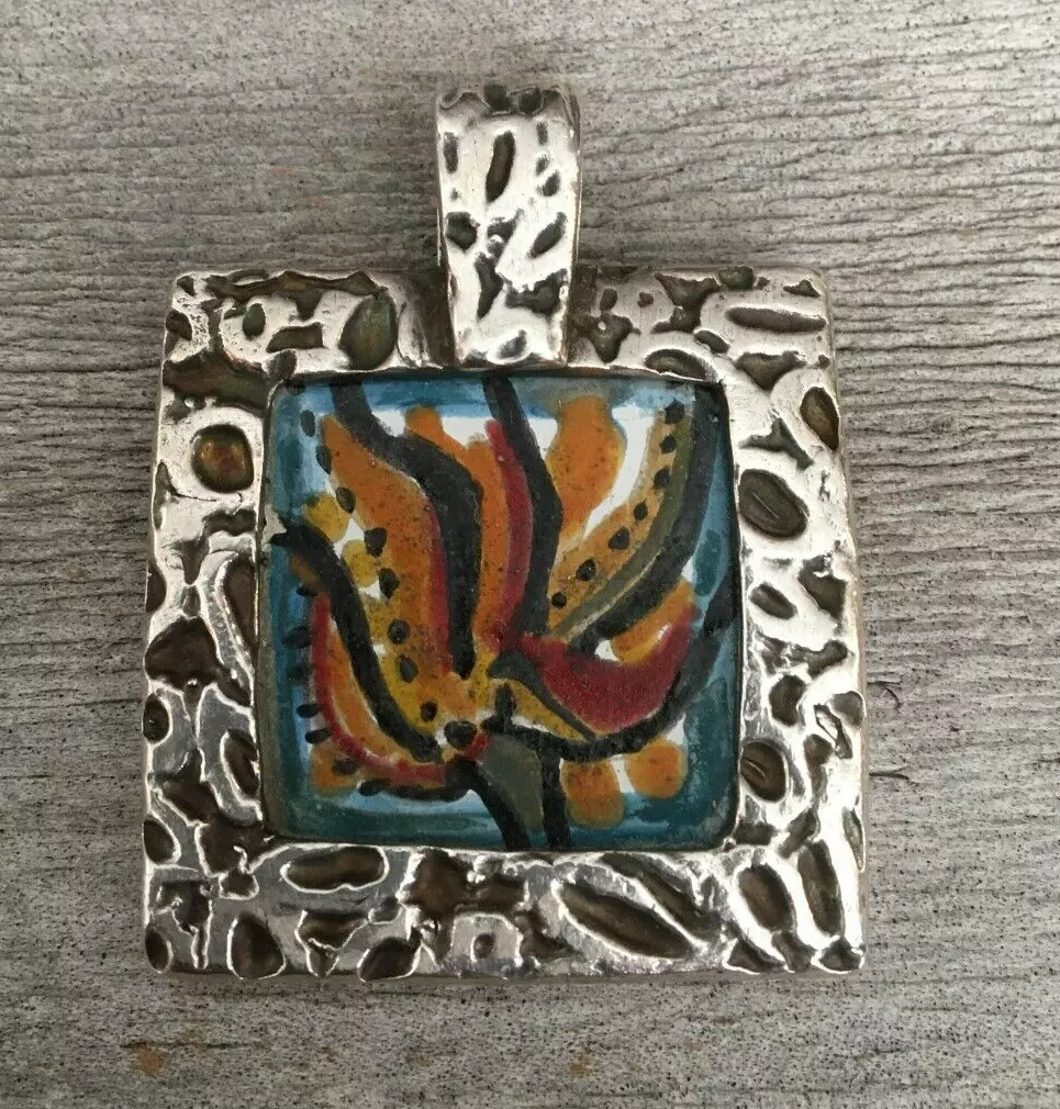 Artist Artisan PMC Precious Metal Clay 2 Sided Pendant Silver and Colored