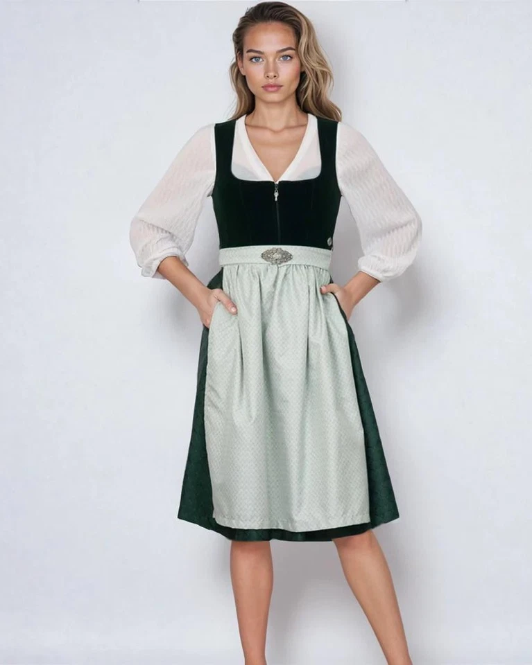 MarJo Dirndl Grafling 65cm Länge forest dunkelgrün mit heller Schürze Damen  - Bild 3 von 3