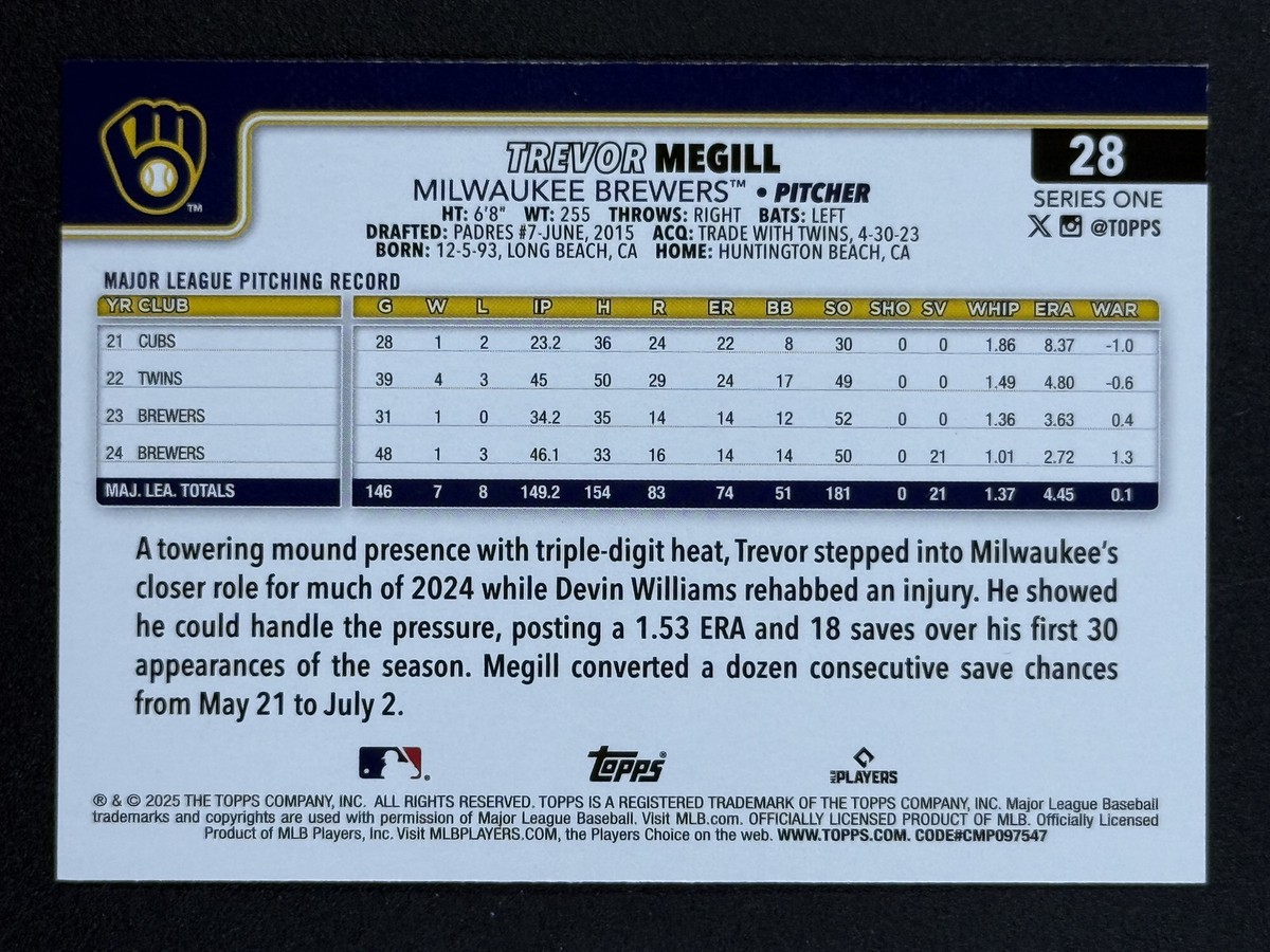 TREVOR MEGILL 2025 Topps Series 1 Diamante Foil #28 Milwaukee