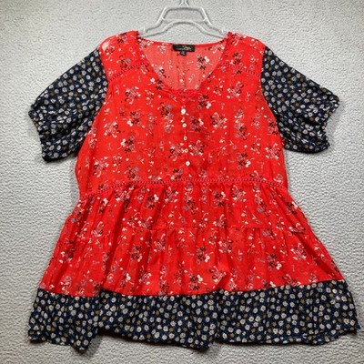 Suzanne Betro Floral Print Tiered Ruffle Tunic Top Womens 1X Red Blue Sheer Boho