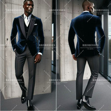 Designed Men's Velvet Suit Evening Outfits Peak Lapel Navy Blue 3Pcs Jacket Vest