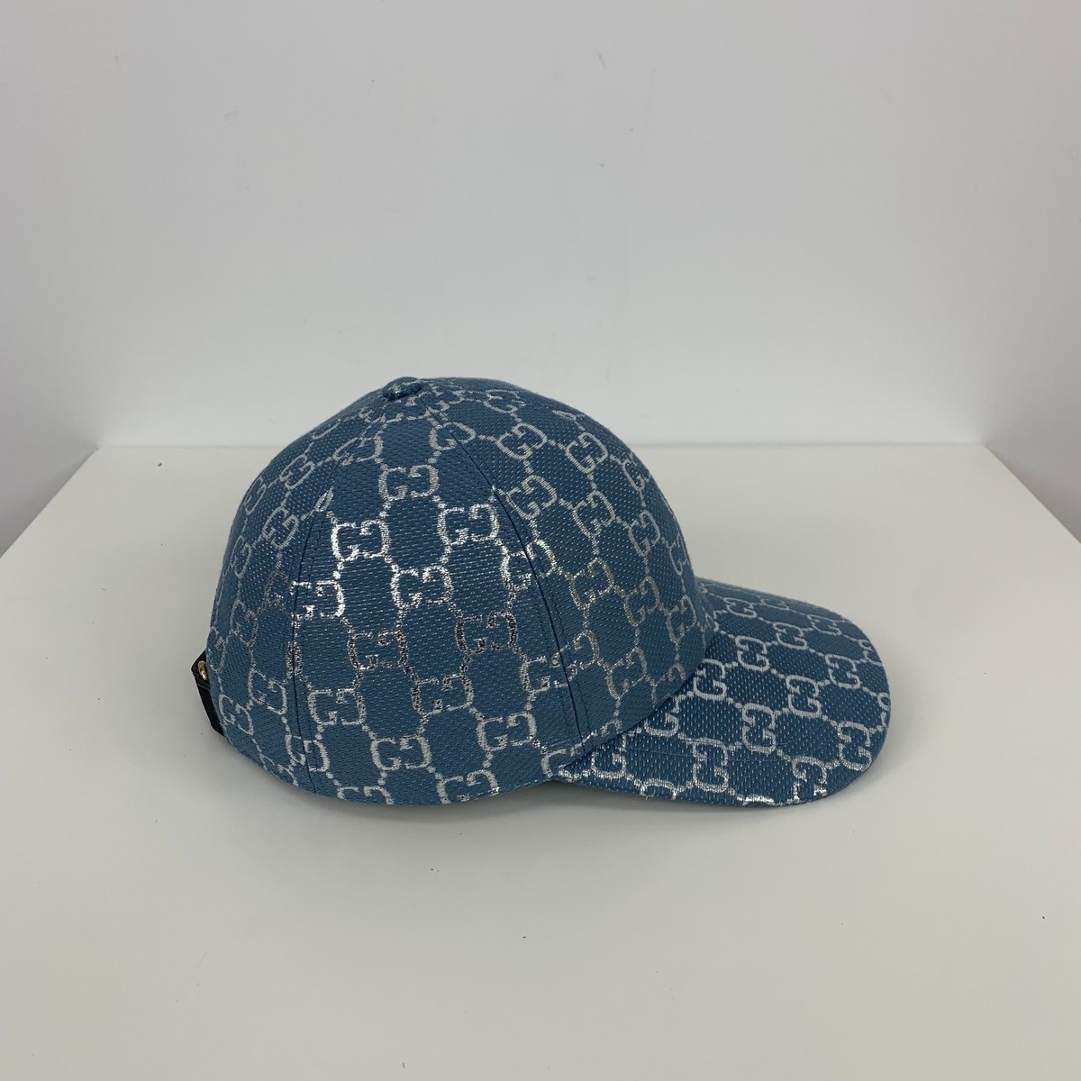 Gucci GG Monogram Silver Lamé Canvas Baseball Cap Hat Blue Size M