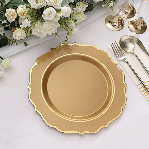 10 GOLD 10.5" Round Plastic Dinner Plates GOLD Scalloped Rim Events Wedding - Bild 2 von 8