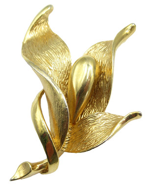 Vintage Gold Tone Abstract Leaf Floral Calla Lily Flower Brooch Pin