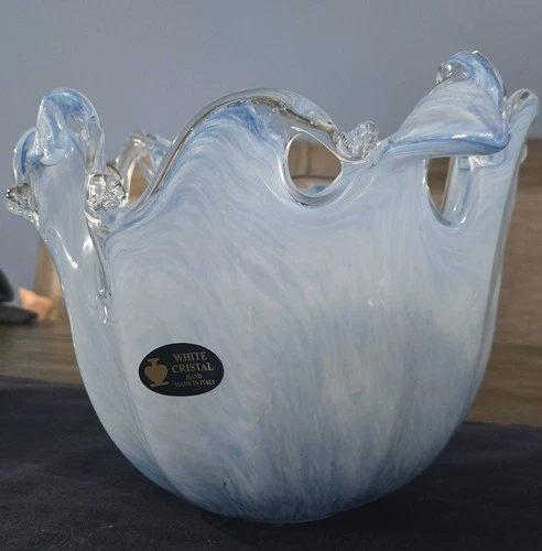 Murano White Cristal  Blue Wave Art Glass Bowl Italy Vtg