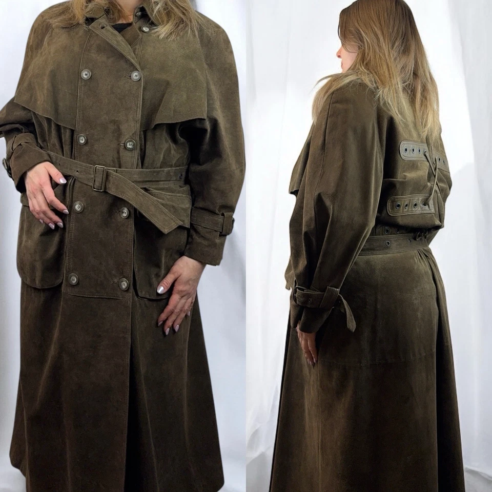Suede Leather Trench Coat Belted Grommets Utility Chic Oversized Steampunk L/XL