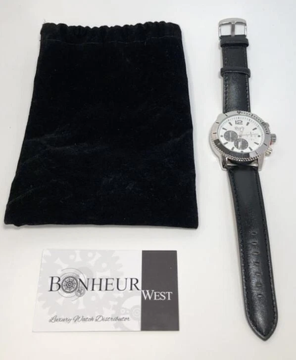 NUEVO Reloj Geneva Platinum 9701 para hombre imitación cronógrafo esfera blanca cuero negro plata Foto 4 de 4