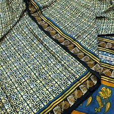 Vintage Black Beige Saree Pure Silk Block Printed Sari Craft Fabric 5yd Sewing