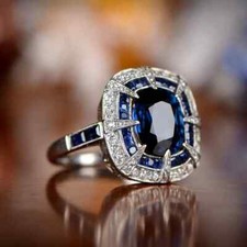 4Ct Lab Created Blue Sapphire Double Halo Engagement Ring 14K White Gold Finish