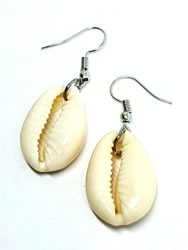 Conch Shell Earrings Drop Pair Silver Plated Cowrie Hook Earrings Beach Summer - Picture 3 of 24