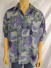 MONZINI Collection Mens Casual Shirt SS Modern Grey Purple Abstract Polyester L