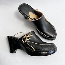 Born Womens Shoes Sz 9 Black Leather Slip On Wedge Heel Clogs Tan Accents