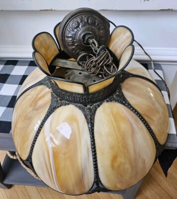 TULIP LAMP SHADE SLAG GLASS ANTIQUE 8 PANEL Hanging 18.5 | eBay