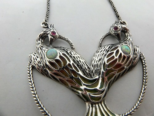 Nouveau insp Sterling silver Peacock Enamel Pendant Plique a Jour Opalite ruby - Picture 3 of 7