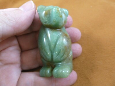 Y-BEA-ST-723) Green tan STANDING BEAR gemstone carving FIGURINE I love bears cub