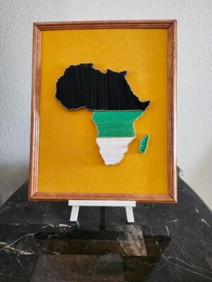 Handmade String Art Africa Map - Yellow Velvet Background - Black, Green & White