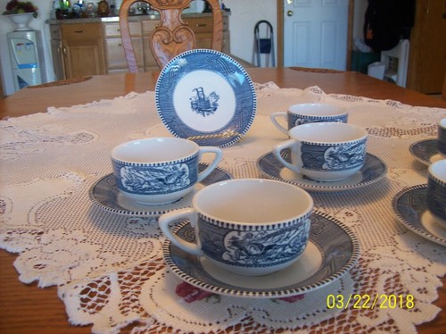 Currier & Ives Blue/White Vgt. Steamboat Saucers & Carriage Ride Cups Set Of 6 - Picture 6 of 11