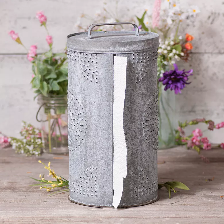 Galvanized Punched Tin Paper Towel Dispenser in Weathered Zinc Towel Holder