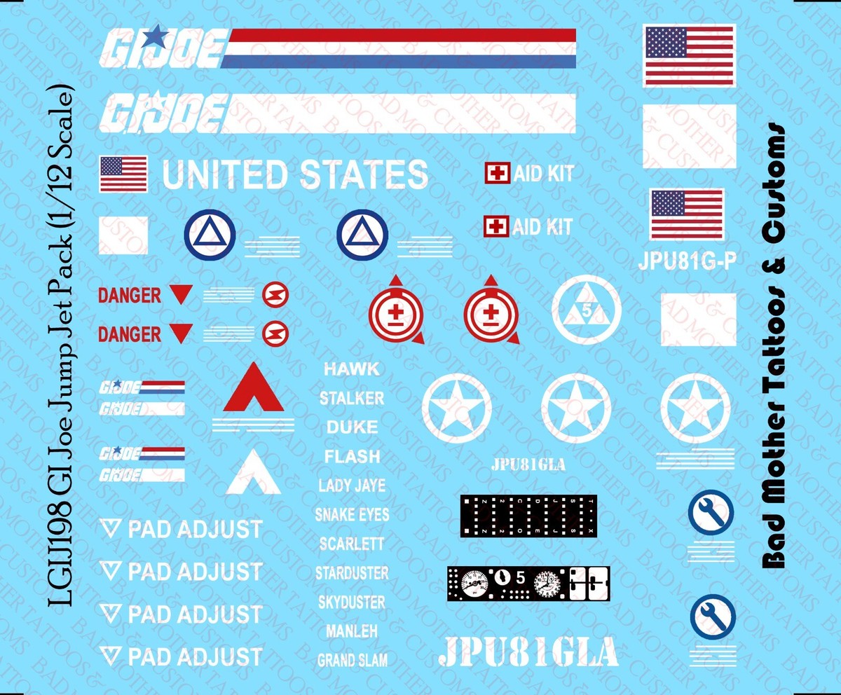 1/12 Scale GI Joe JUMP Jet Pack Waterslide Decals for 6 inch
