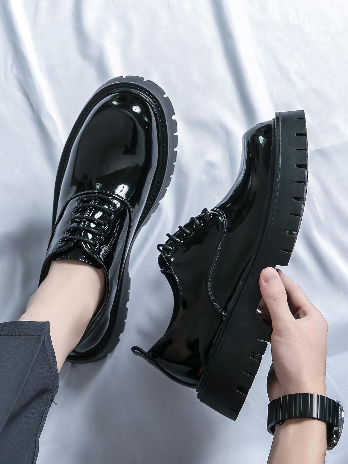 SAOLA Scarpe da lavoro uomo inglesi alla caviglia tacco piatto plateau punta tonda stringate casual nuove