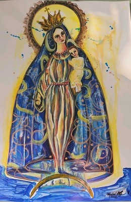 Acrylic On Cardboard Mabel Tey Virgen De La Caridad Cuban Art 19 1/2 x14 In 