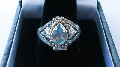 Handmade Sterling Silver Blue Topaz Tear Drop Poison Ring - Sizes 6-8-10