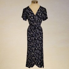 Floral Wrap Maxi Dress Gap Navy Blue V Neck Puff Sleeve Size Small 49" Length