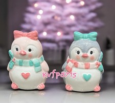 Image of Christmas Penguins Salt And Pepper Shaker Collectible Bowknot Pastel Pink Green